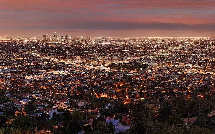 aerial photography of city during golden hour, los angeles, night