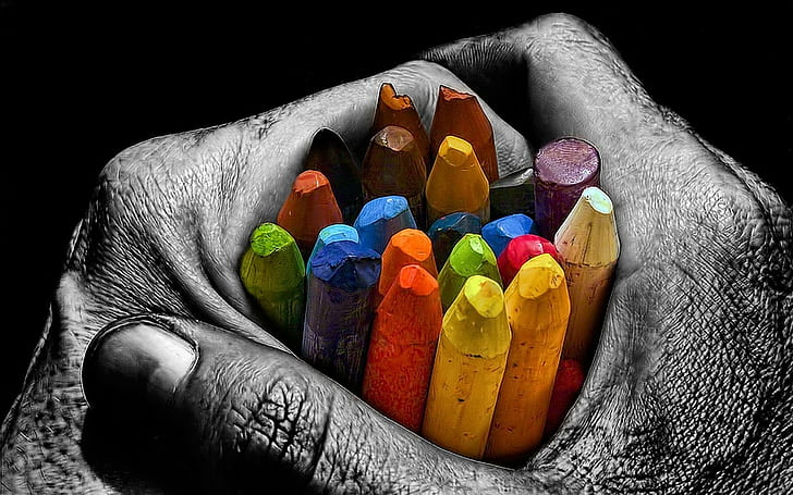 hands, artwork, selective coloring, multi colored, black background
