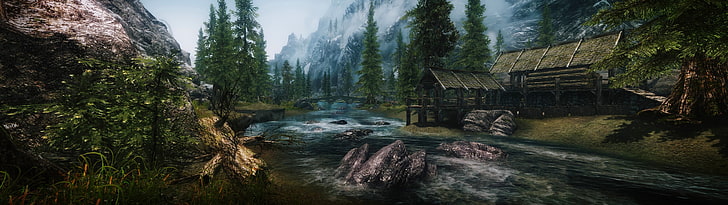 brown nipa hunt in front of body of water painting, The Elder Scrolls V: Skyrim, HD wallpaper