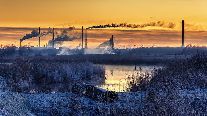 factories, winter, landscape, factory tubes, sunrise, smoke