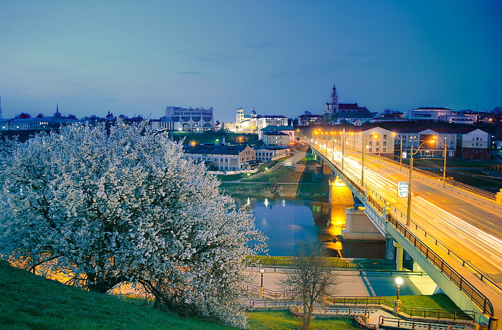 Grodno, white and beige bridge, Seasons, Spring, city, night