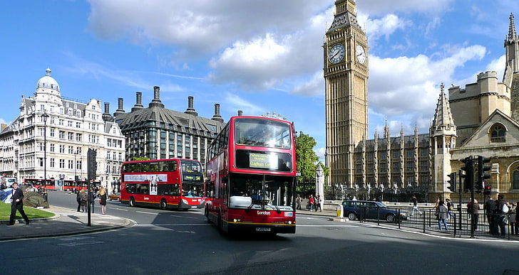 Westminster Abbey, London, buses, london - England, double-Decker Bus, HD wallpaper