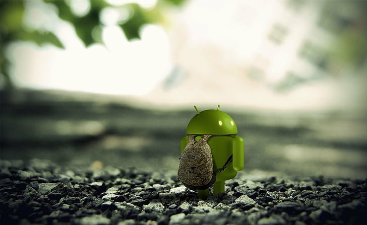 selective photo of android with backpack standing on gravels, HD wallpaper