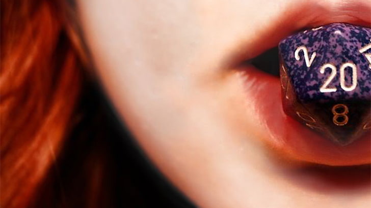 purple and black dice, d20, lips, redhead, women, human body part, HD wallpaper