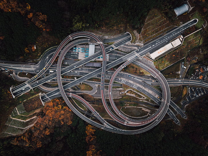 aerial view  road  tunnel  crossroads  fall  birds eye view  trees  highway  Japan  forest  drone photo  car, HD wallpaper