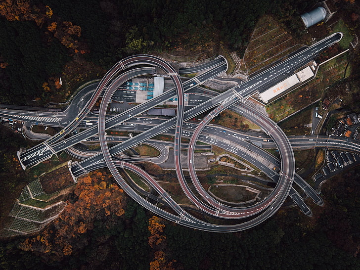 gray concrete road track illustration\, aerial photography of road intersection, HD wallpaper