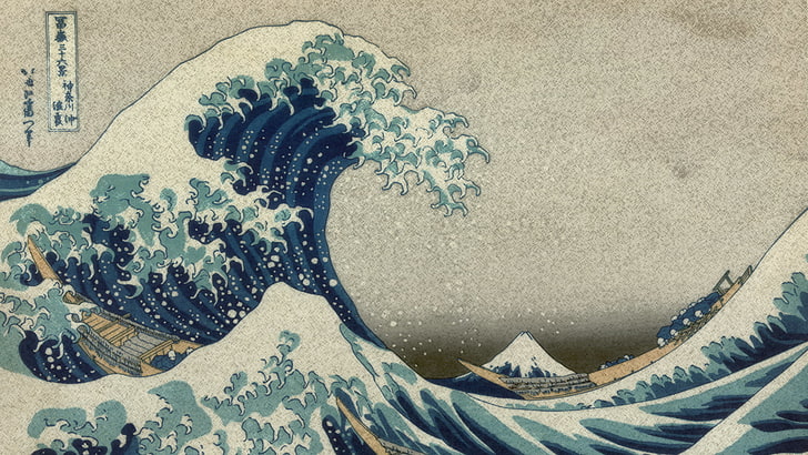 blue water waves cartoon illustration, Mount Fuji, The Great Wave off Kanagawa