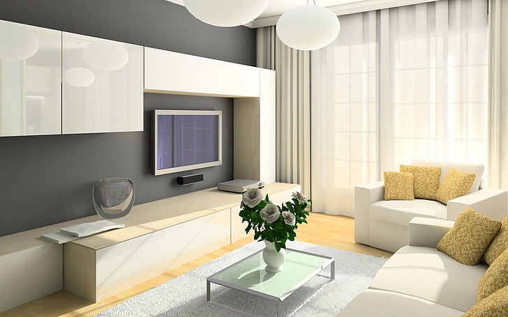 white flat screen TV, room, sofa, television, design, interior, HD wallpaper