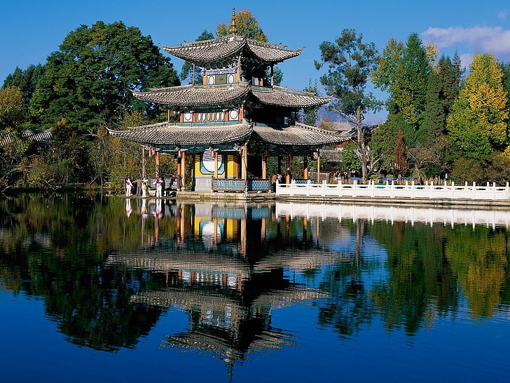 brown and grey pagoda, reflection, Asian architecture, lake, temple, HD wallpaper