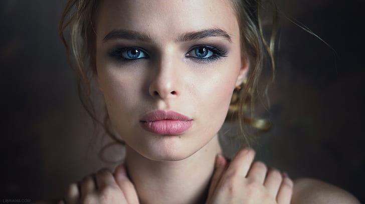 women, blonde, face, portrait, blue eyes, juicy lips, HD wallpaper