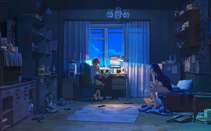 anime, computer, living rooms, night, ArseniXC, interior, Everlasting Summer, HD wallpaper