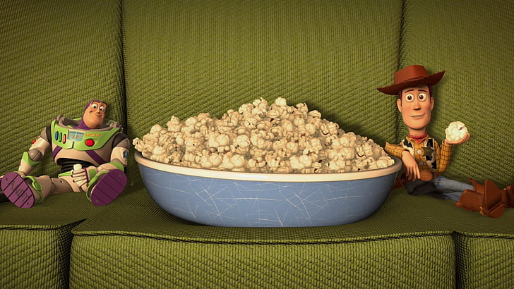 popcorn and toy figures, movies, Toy Story, animated movies, Pixar Animation Studios, HD wallpaper