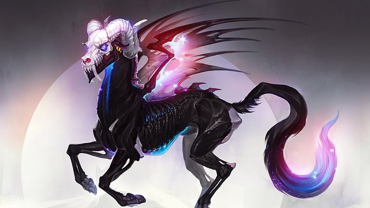 Demon horse, skull, pink, fantasy, luminos, black, HD wallpaper