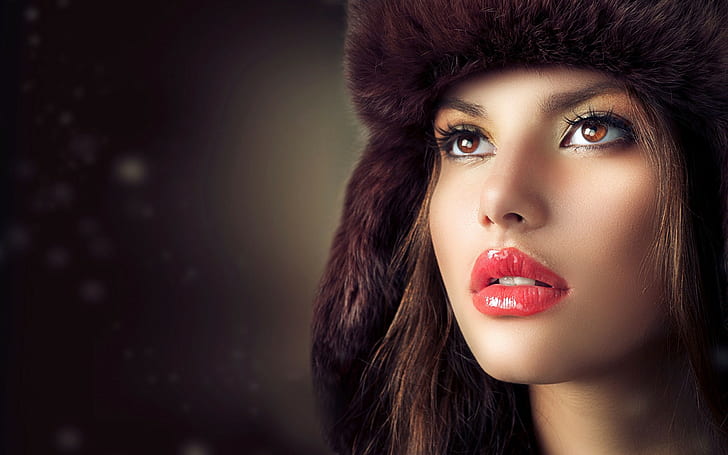 women, face, hat, red lipstick, brown eyes, open mouth, looking away