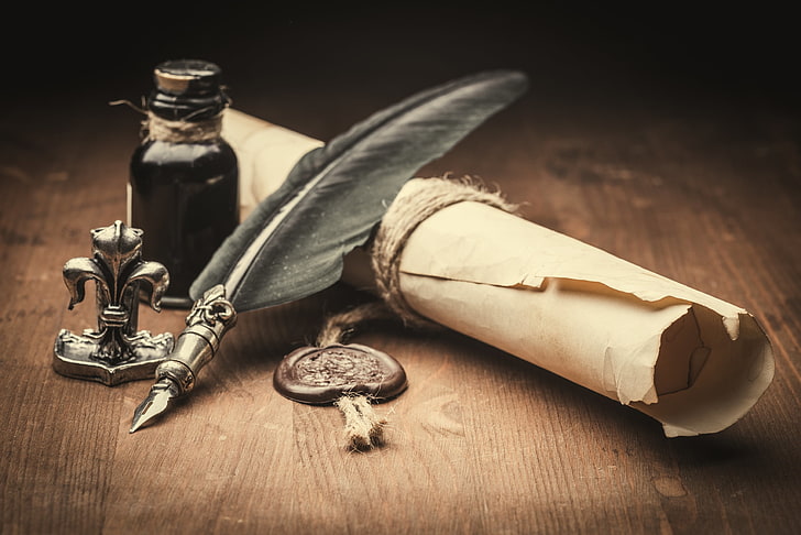 black feather fountain pen, letter, parchment, wax seal, wood - material, HD wallpaper