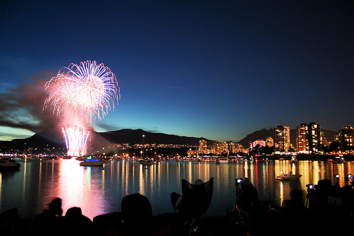 fireworks during dusk, vancouver, canada, vancouver, canada, celebration of light, HD wallpaper