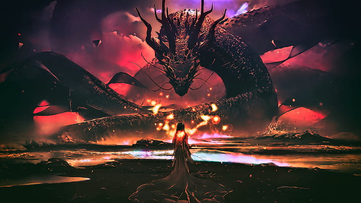 dragon, darkness, digital art, sky, woman, dragon art, heat, HD wallpaper