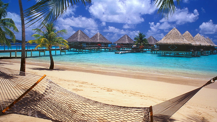 black woven hammock, Bora Bora, Tahiti, resort, beach, hammocks, HD wallpaper