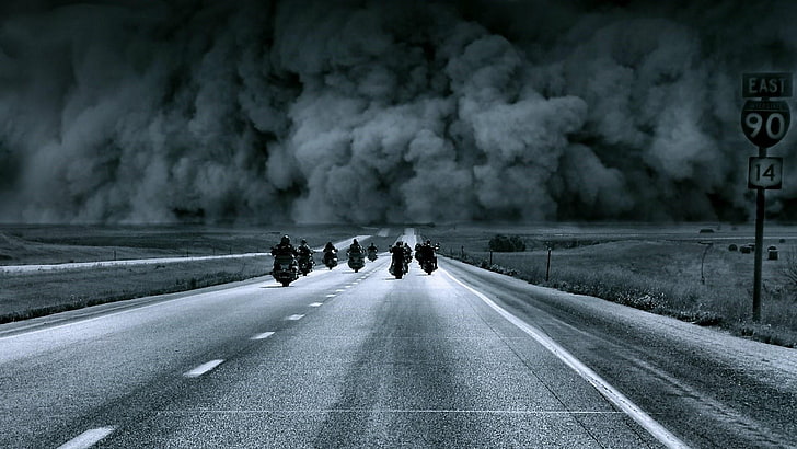 harley-davidson, dust, ride, storm, motorcycle, monochrome