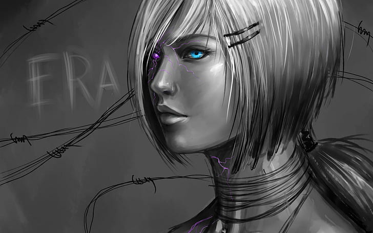 artwork, women, cyborg, selective coloring, face, blue eyes