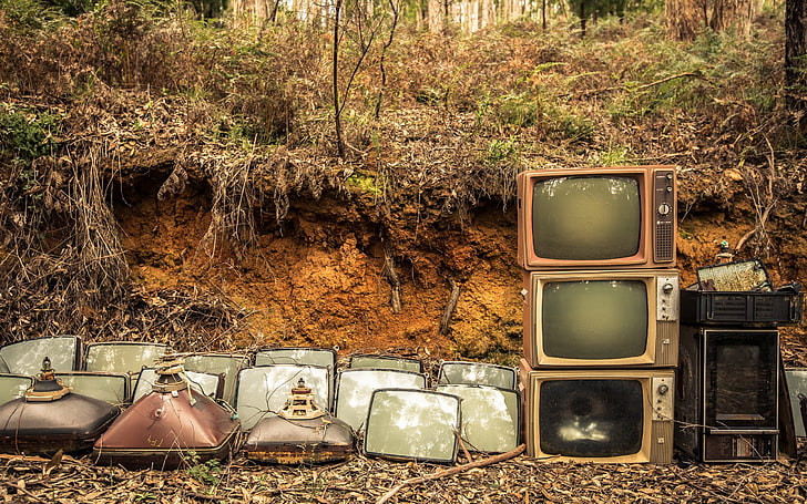 TV, technology, abandoned, obsolete, television set, land, nature, HD wallpaper