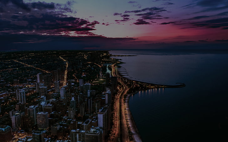 chicago, city, night, sky, view, scape, dark, ocean, beach