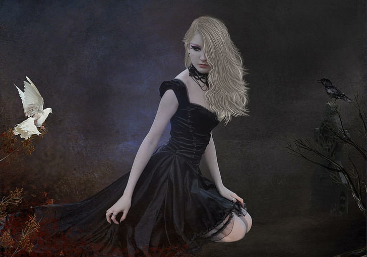 Goth Girl With Bird, women's black sleeveless square neckline dress