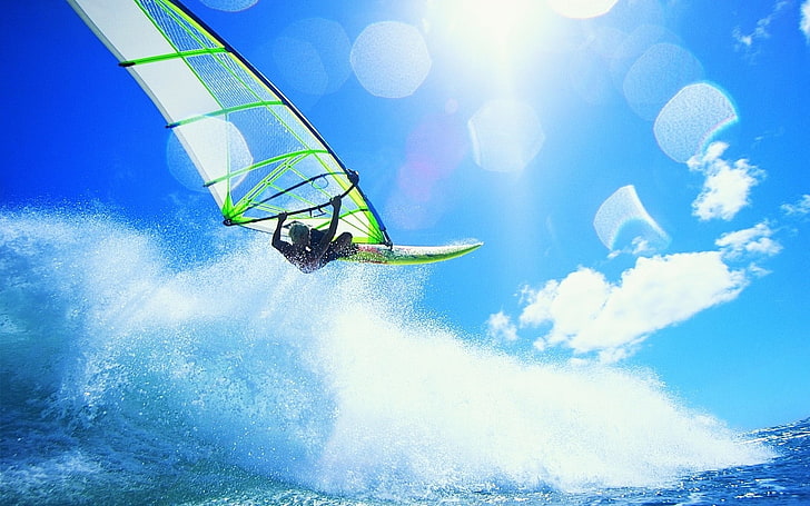 green and grey glider, surfing, waves, sport , sunlight, sea