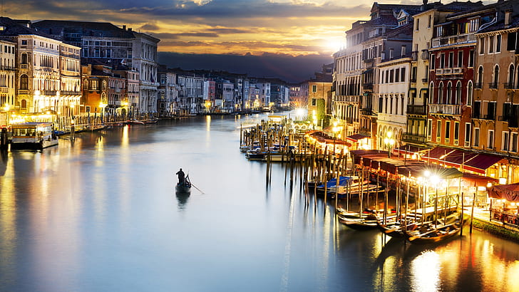 Venice, Italy, city, evening, buildings, illumination, river, boats