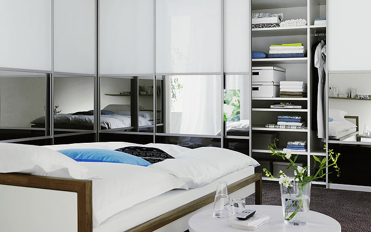 white wooden cabinet, bedding, bedroom, closets, interior, design, HD wallpaper