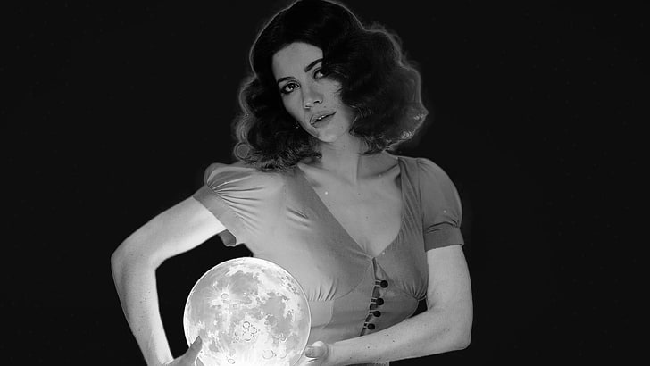 monochrome, Marina and the Diamonds, studio shot, black background, HD wallpaper
