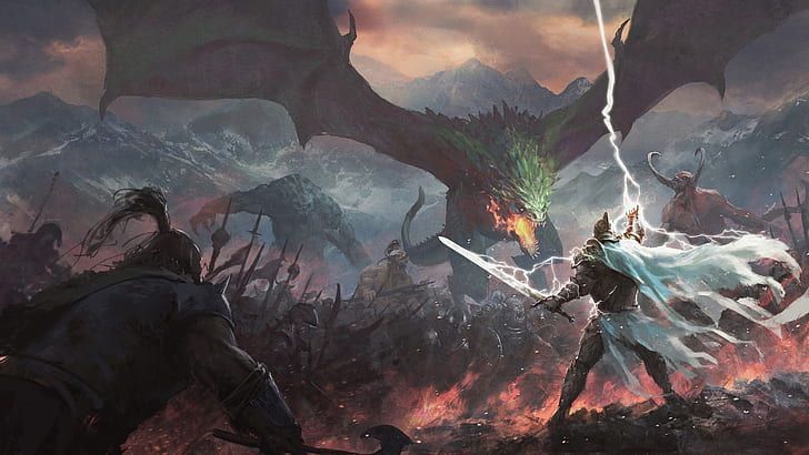 Fantasy, Battle, Dragon, Lightning, Warrior, HD wallpaper