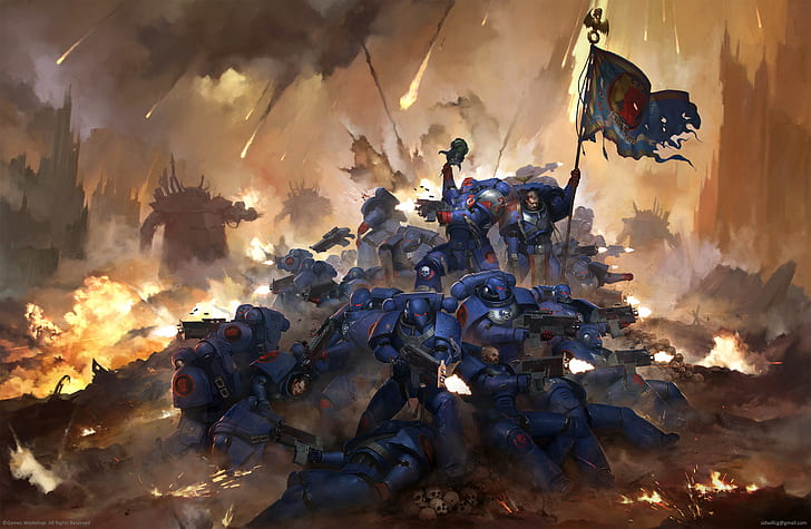 Warhammer 40,000, Crimson Fists, Adeptus Astartes, fire, space marines, HD wallpaper