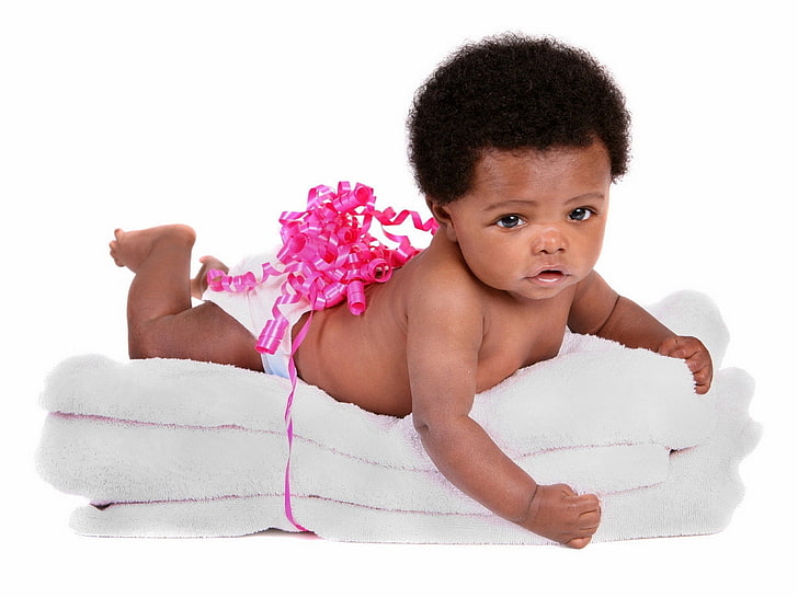 baby's white diaper, child, black, bow, towel, people, cute, beauty, HD wallpaper