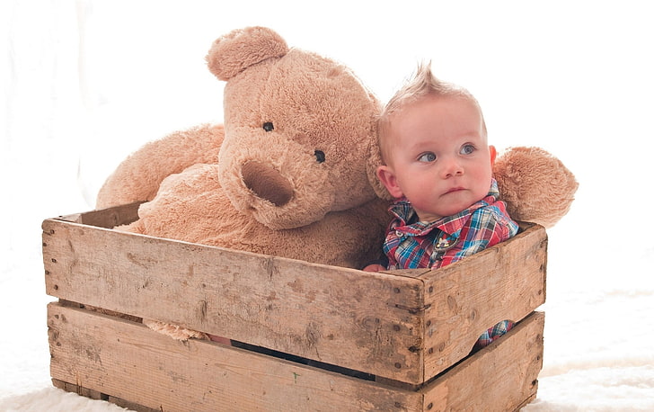 brown wooden crate, boy, child, toy, box, teddy Bear, cute, childhood