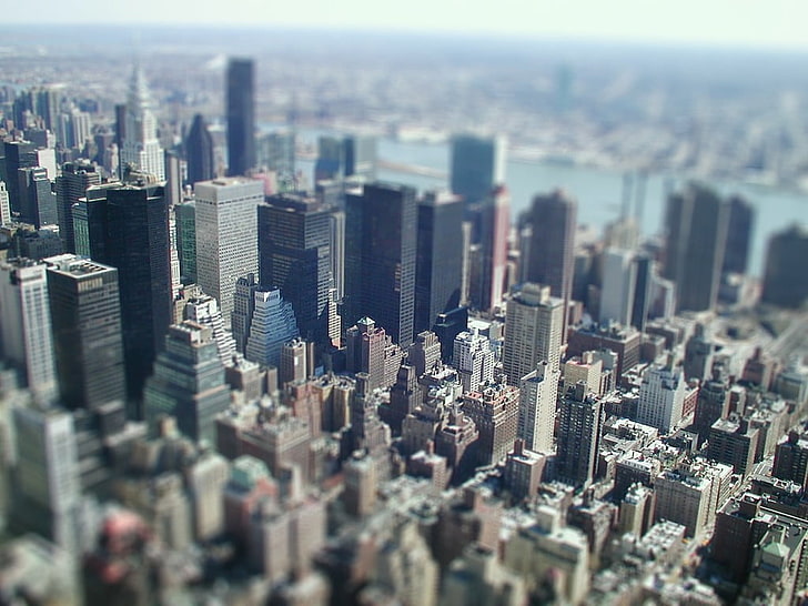 gray buildings, tilt shift, city, cityscape, New York City, urban