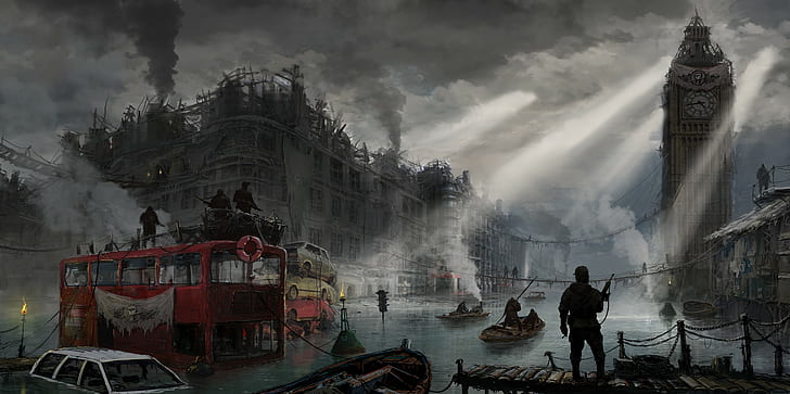 Apocalyptic, London, Artwork, Dystopian, Bus, River, Boats