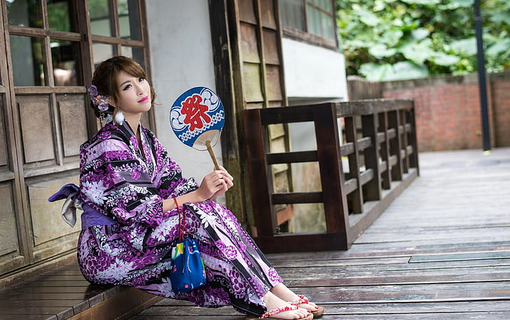 Asian, women outdoors, house, dress, sitting, Japanese kimono, HD wallpaper