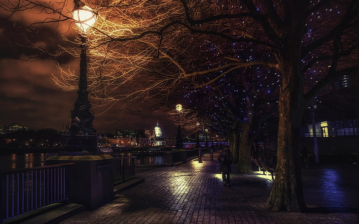 black post lamp, landscape, urban, lantern, London, England, river, HD wallpaper