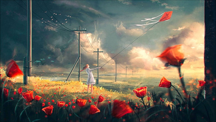 woman holding red kite illustration, Sylar, artwork, power lines