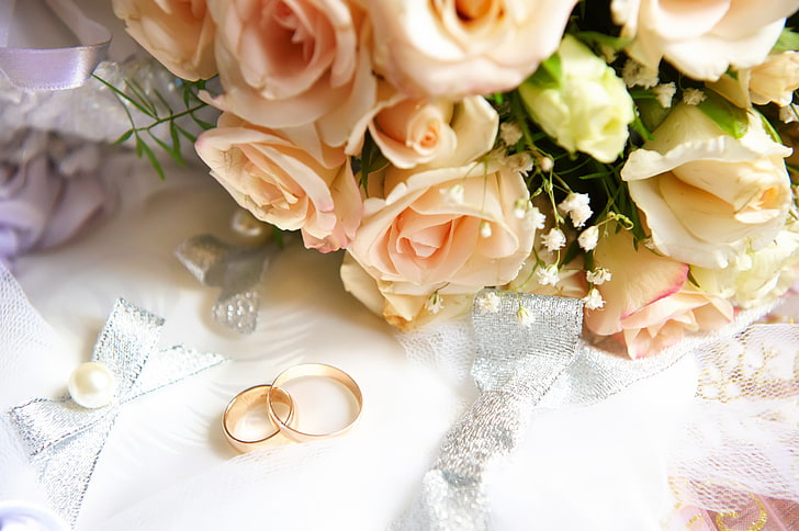 two gold-colored rings, flowers, bow, engagement rings, ribbon, HD wallpaper