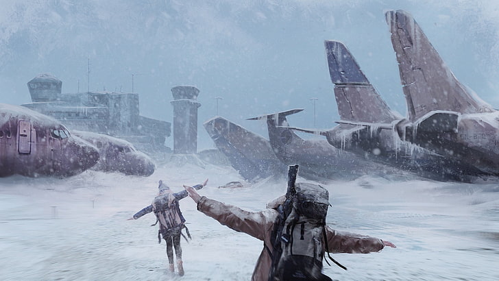 snow covered aircraft, airport, backpacks, apocalyptic, planes