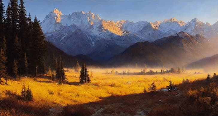 AI-generated, AI art, landscape, golden hour, mountains, painting
