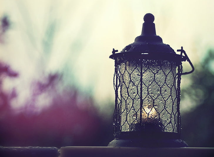 black candle holder lantern, lighting, glass, shape, outdoors, HD wallpaper