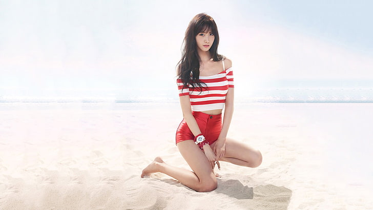 women's red and white striped off-shoulder top, Yoona, Im Yoona
