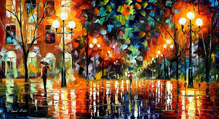 colorful, Leonid Afremov, umbrella, street, painting, artwork, HD wallpaper