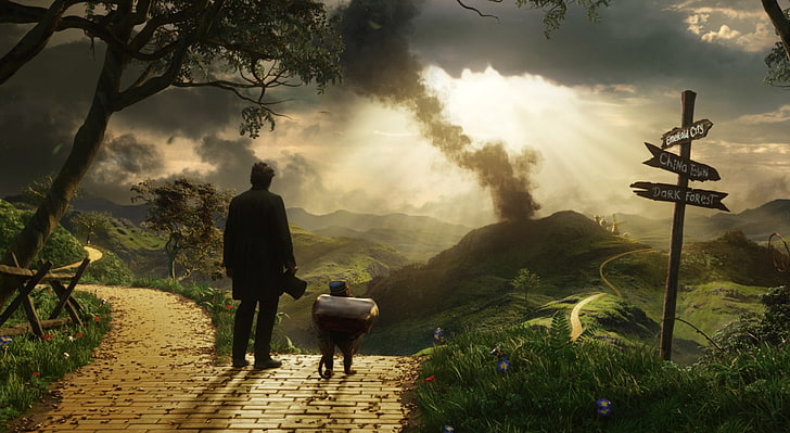 Oz The Great and Powerful - Finley and Oscar..., man with view of mountain silhouette photography