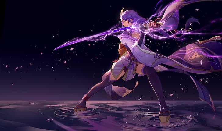 Genshin Impact, artwork, Raiden Shogun (Genshin Impact), purple hair, HD wallpaper