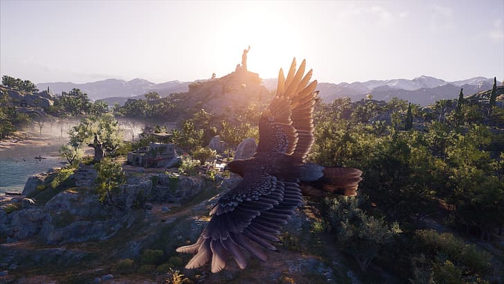 Assassin's Creed, Greece, landscape, Zeus, statue, eagle, sun rays, HD wallpaper