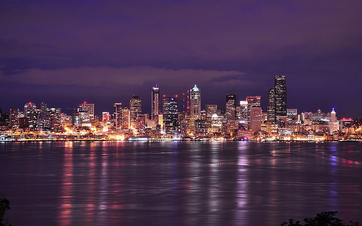 USA, Washington, Seattle, city night, lights, buildings, river, HD wallpaper